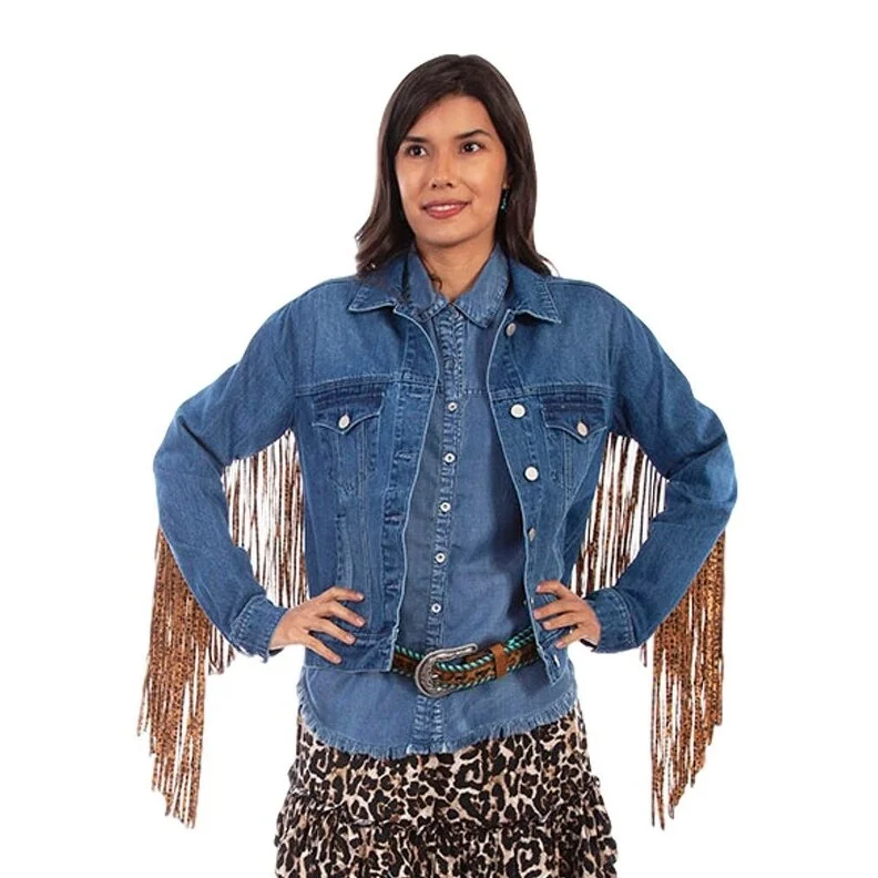 Scully Western Jacket Womens Jean Button Leopard Fringe Denim F0_HC647