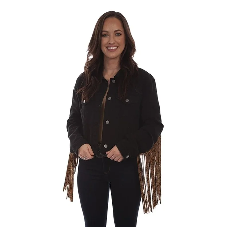 Scully Western Jacket Womens Jean Button Leopard Fringe Black F0_HC662