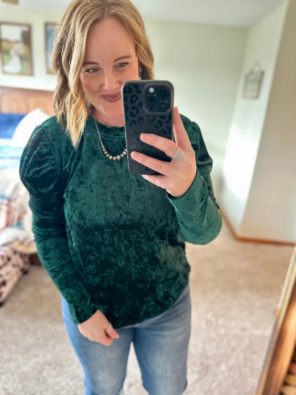 Ruffle Neck Puff Sleeve Velvet Top - Green