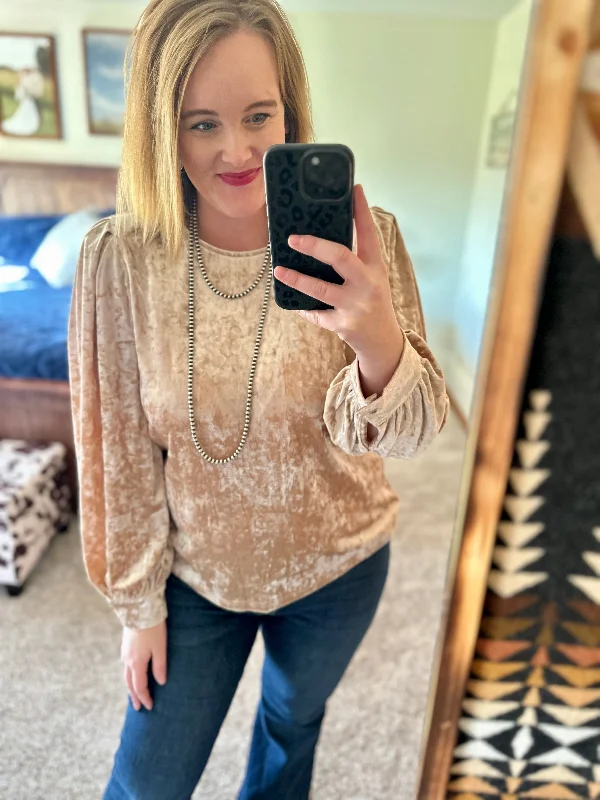 Champagne Velvet Puffed Sleeve Top