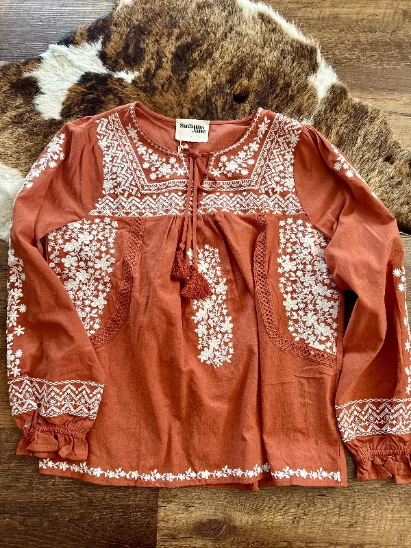 Rust Embroidered Split Neck Top