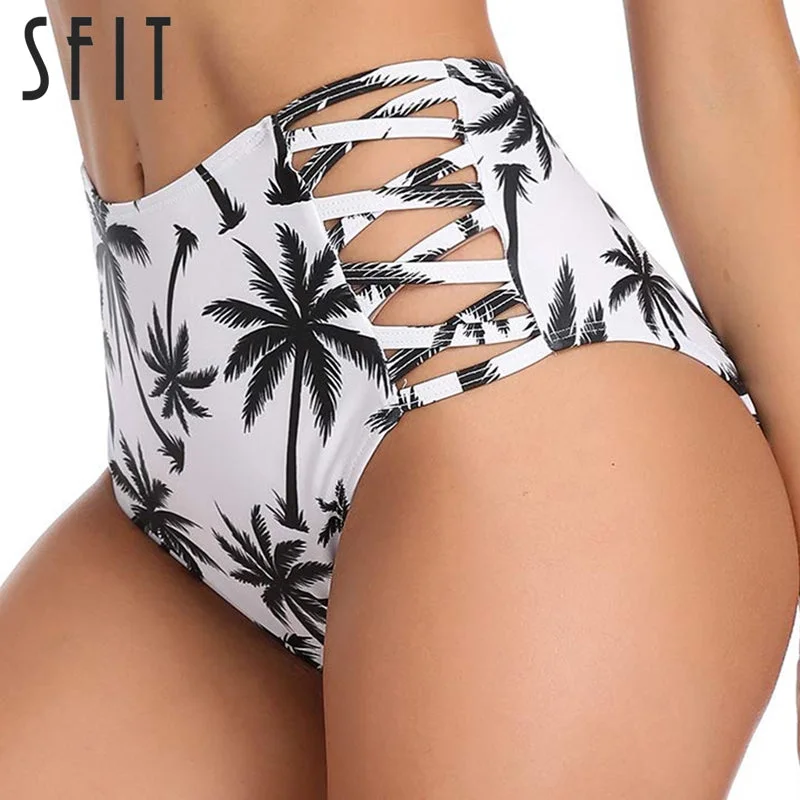 SFIT Women Vintage Bikini Panties High Waist Swimwear Bottom Floral Print Hollow Out Bandage Female Swimsuit Briefs Beachwear