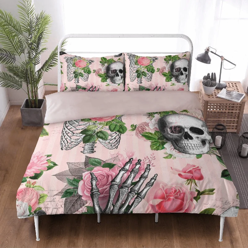 Pink Skull Floral 3 Pcs Bedding Set