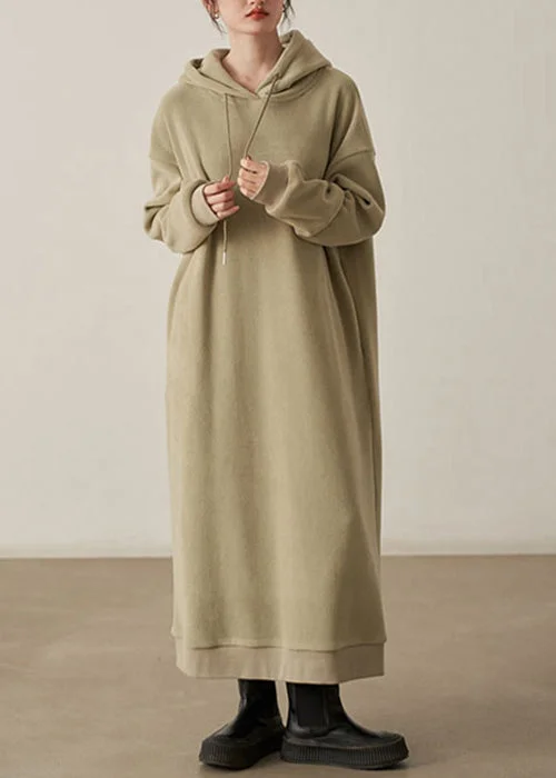 Loose Khaki Hooded Pockets Patchwork Woolen Long Dresses Fall