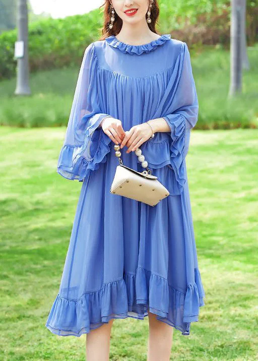 French Blue Ruffled Patchwork Silk A Line Dresses Flare Sleeve