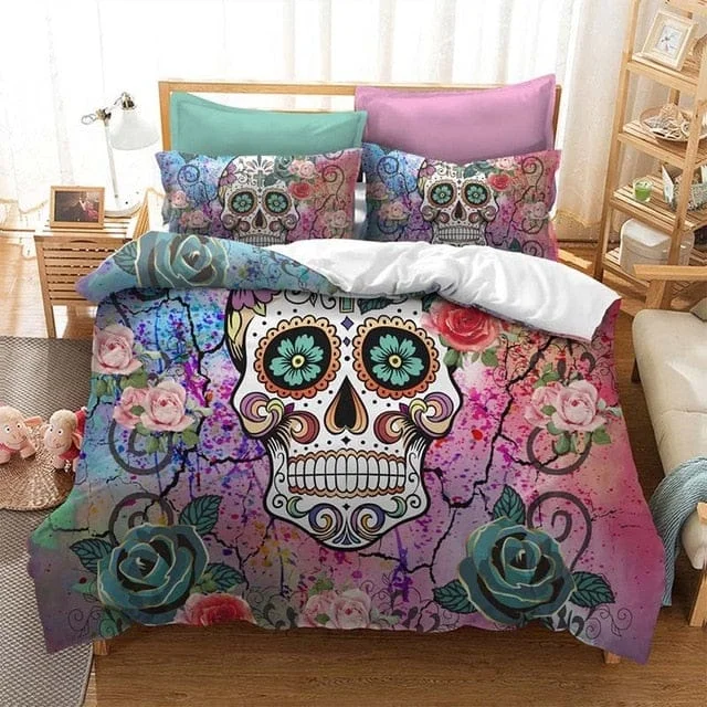 3D Bedding Set Watercolor Flower Skull Duvet Cover