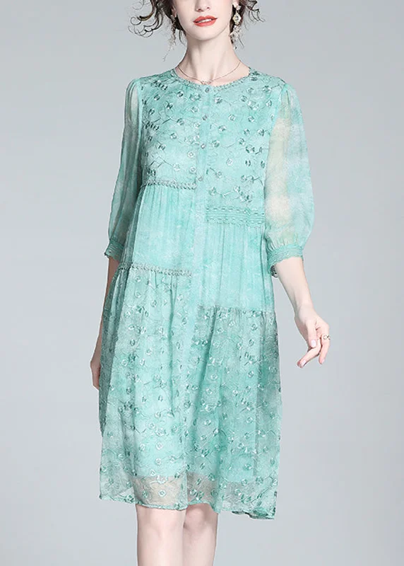 Beautiful Light Green O-Neck Embroideried Button Long Dresses Summer