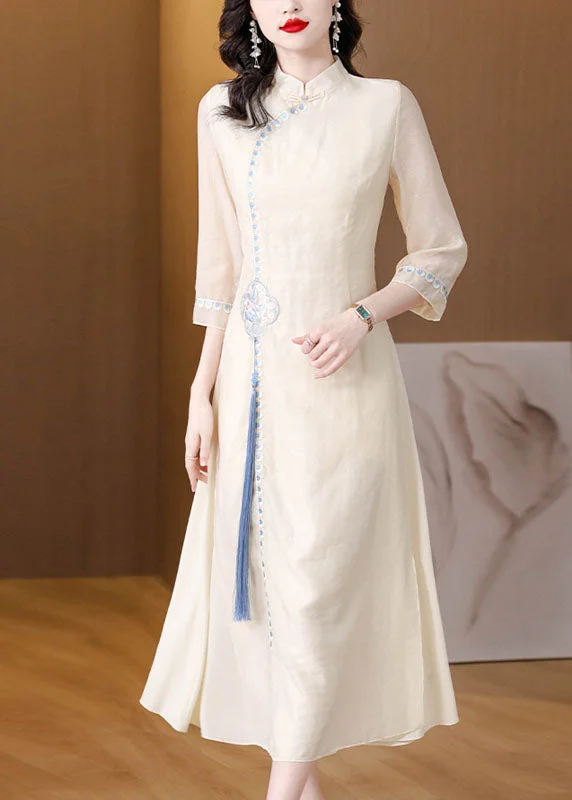 Stylish Apricot Stand Collar Embroideried Tassel Silk Long Dresses Fall