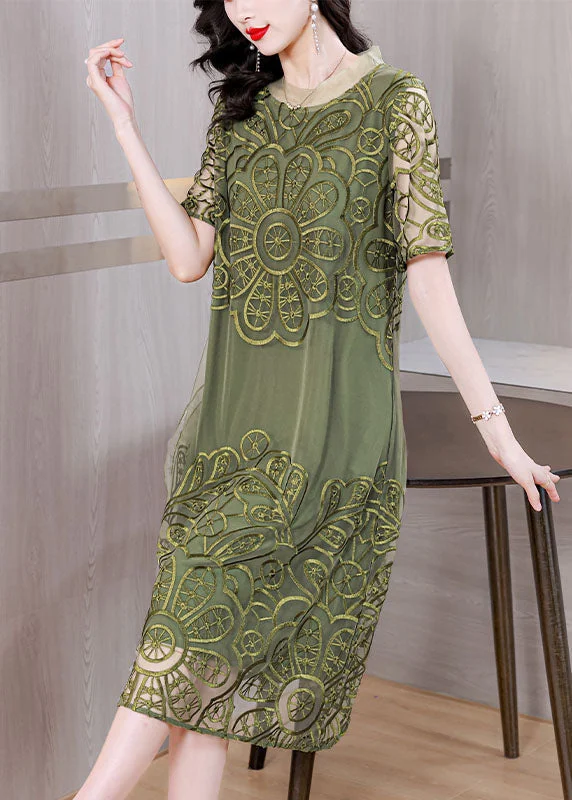 Elegant Green Embroideried Ruffled Tulle Long Dresses Short Sleeve