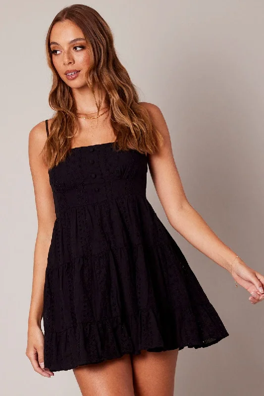 Black Fit and Flare Dress Sleeveless Broidery