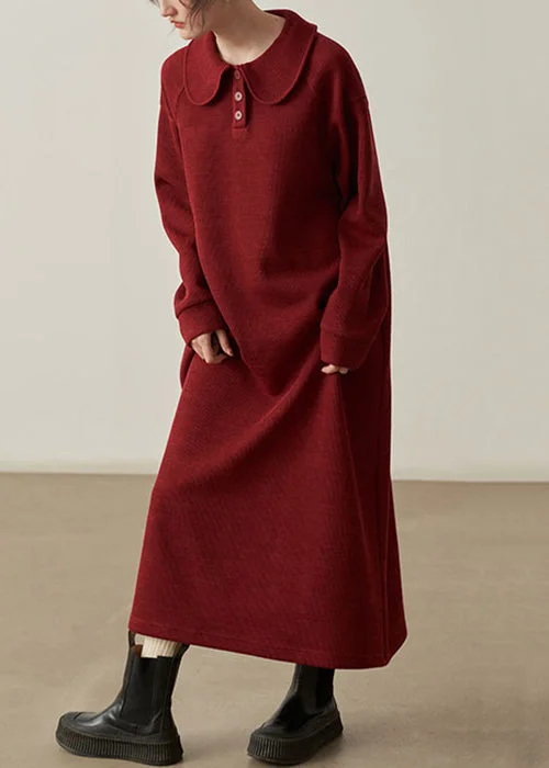 Loose Wine Red Pockets Cozy Patchwork Cotton Knit Long Dresses Fall