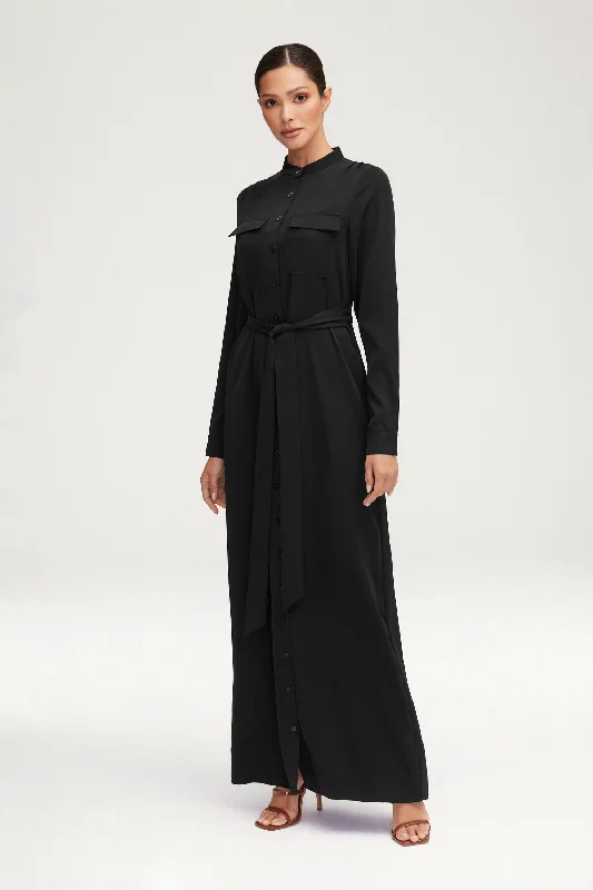 Olivia Button Down Utility Maxi Dress - Black