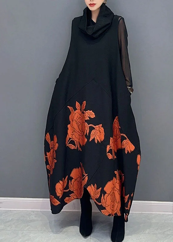 Fine Black Patchwork Orange Turtleneck Print Tulle Patchwork Knit Long Dresses Long Sleeve