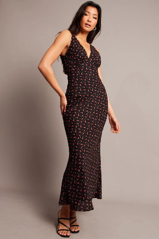 Black Ditsy Maxi Dress V-Neck Sleeveless