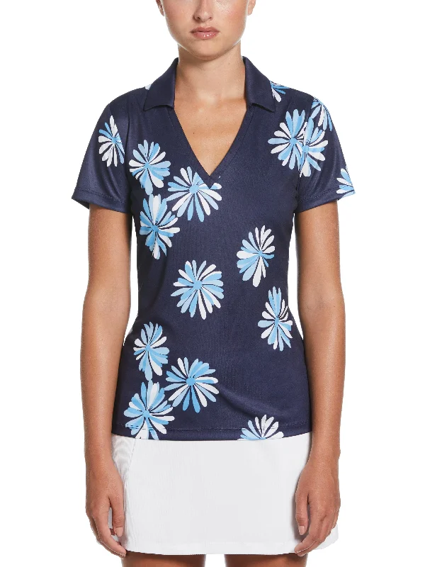 Women's Open Floral Short Sleeve V-Neck Polo