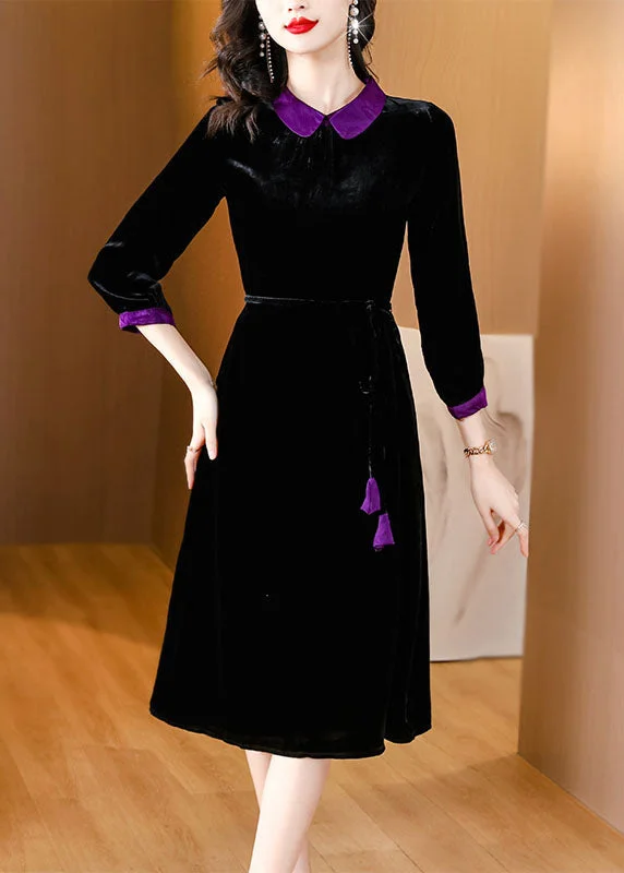 Boho Black Peter Pan Collar Patchwork Silk Velour Maxi Dresses Long Sleeve