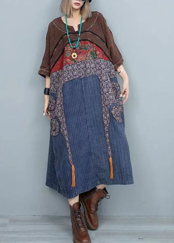 Vintage Colorblock Print Patchwork Denim Maxi Dresses Long Sleeve