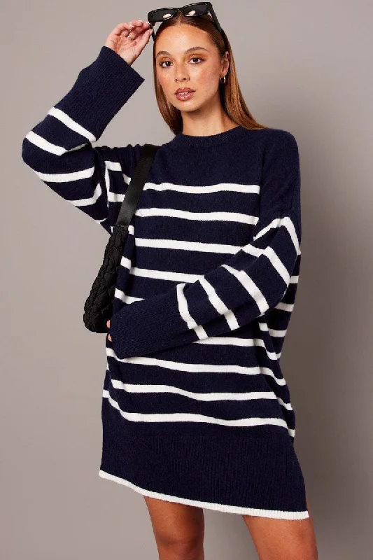 Blue Stripe Knit Dress Long Sleeve