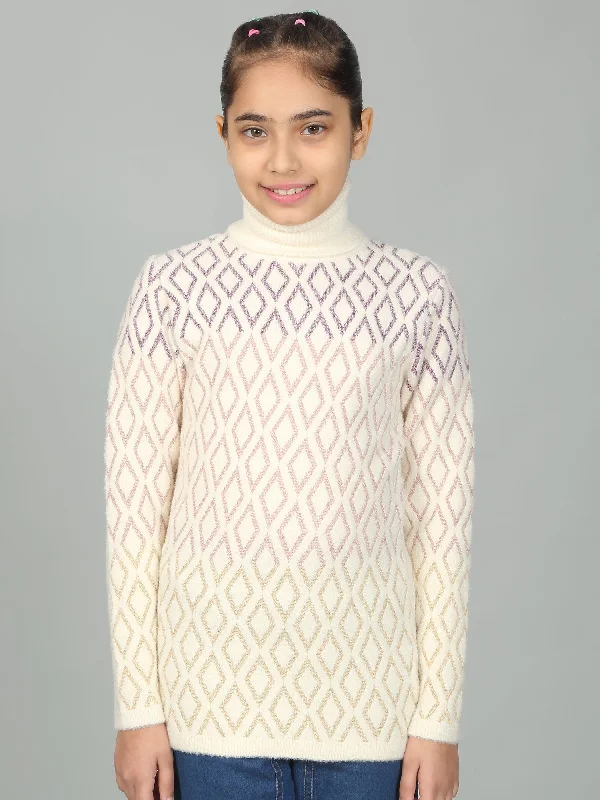 Girls Casual Self Design Cream Full Sleeves Sweater