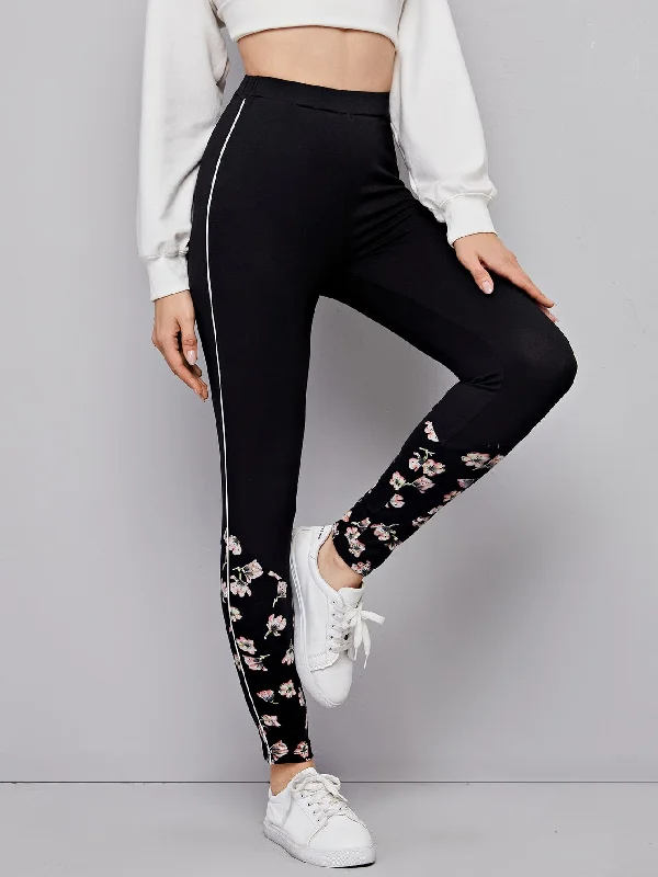 Casual Floral Contrast Binding Cropped Women Leggings