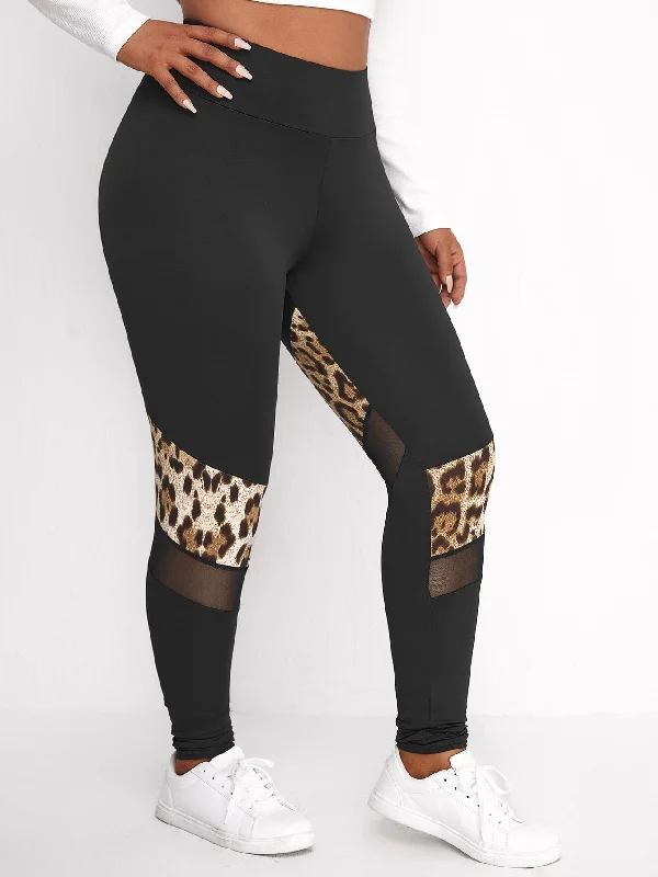 Leopard Contrast Mesh Long Plus Size Leggings