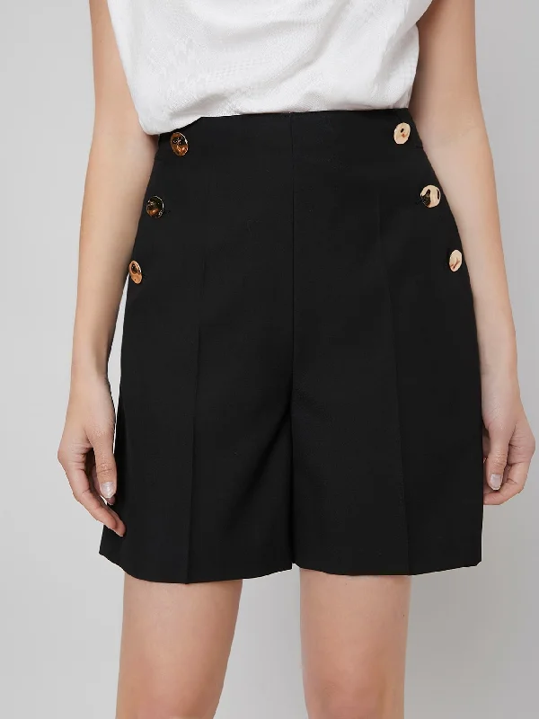 Casual Plain Button Front High Waist Women Shorts