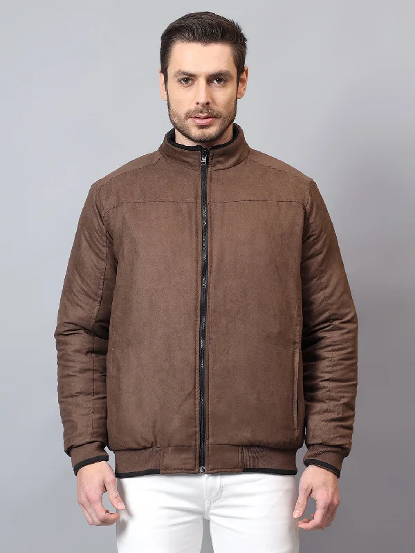 Men's Tan Solid Mock Neck Reversible Winter Jacket