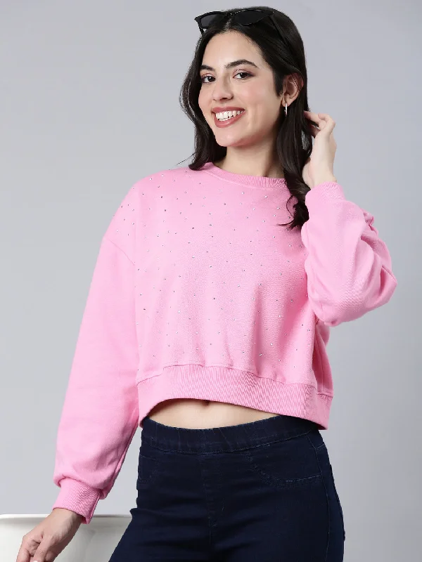 Women Self Design Pink Crop Sweatshirt