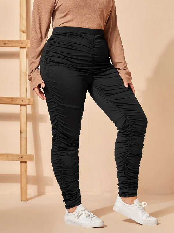 Plain Ruched Long Plus Size Leggings