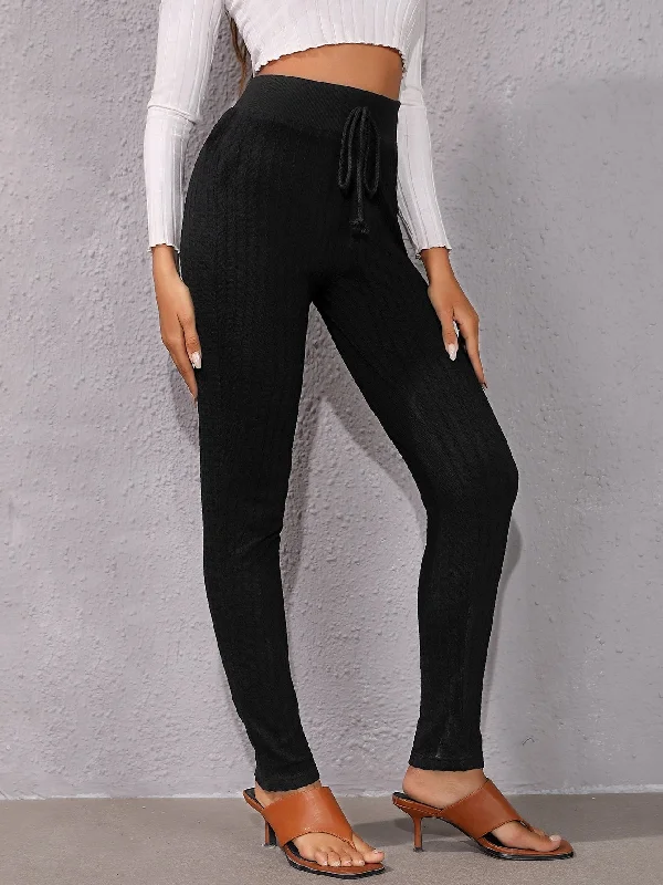 Casual Plain Rib-Knit Long Women Leggings