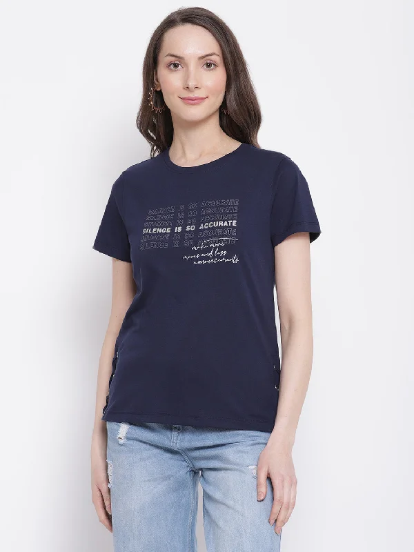 Women's Printed Navy Blue Regular Fit Round Neck Half Sleeve Casual T-Shirt