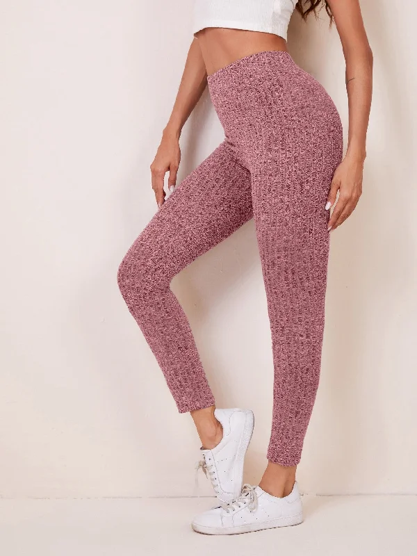 Casual Plain Rib-Knit Cropped Women Leggings