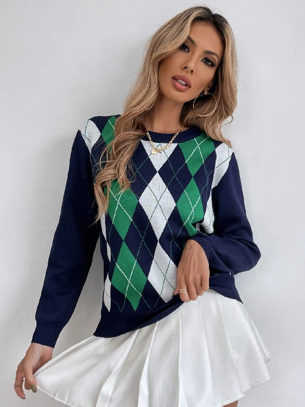 Preppy Geometric Long Sleeve Round Neck Regular Women Sweater