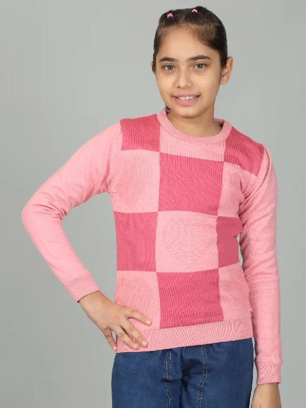 Girls Casual Self Design Pink Full Sleeves Sweater