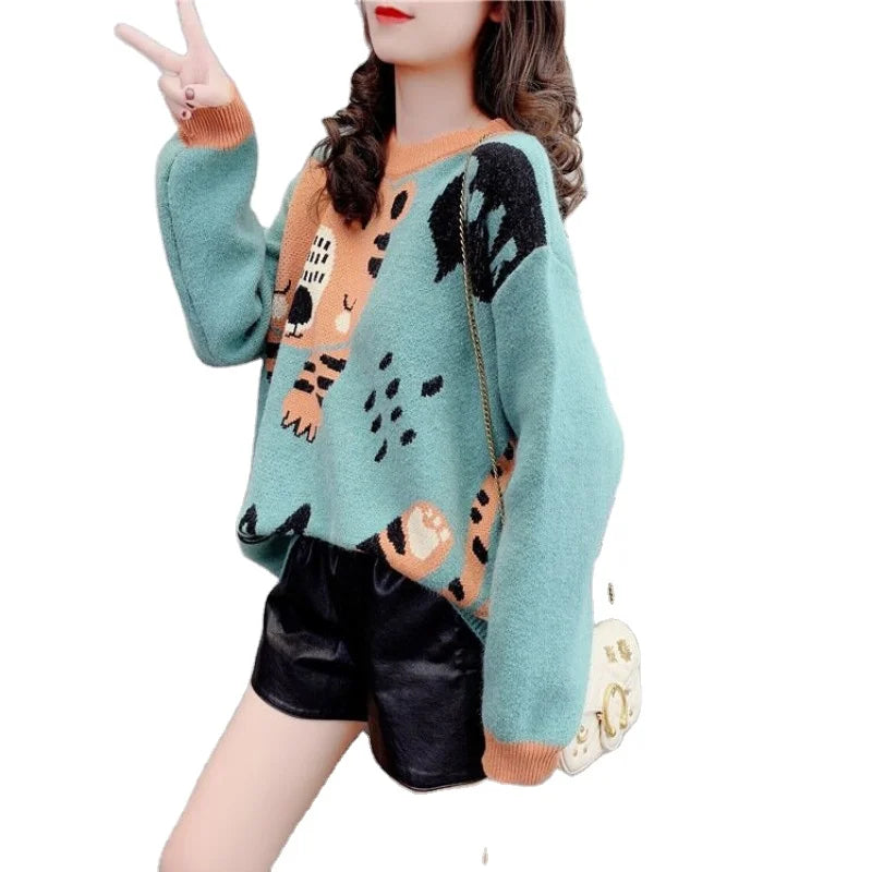 2024 Spring and autumn high-quality best-selling round neck long sleeve loose cartoon cat cute fashion women's printed sweater