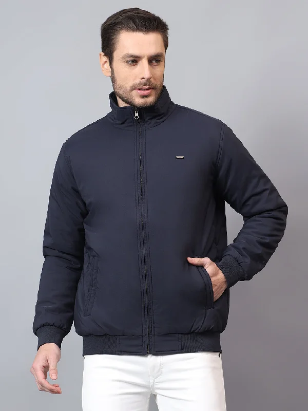 Men's Navy Blue Solid Mock Neck Winter Reversible Jacket