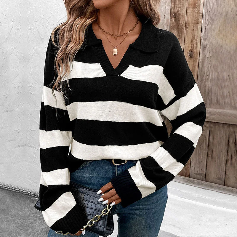 Long Sleeve Lapel Striped Sweater Wholesale Womens Clothing N3824080900001