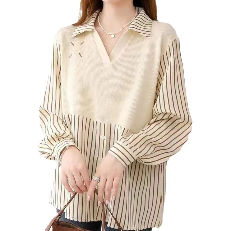 2024 Spring and autumn best-selling fashion women's lapel long sleeve loose color jacquard pullover sweater