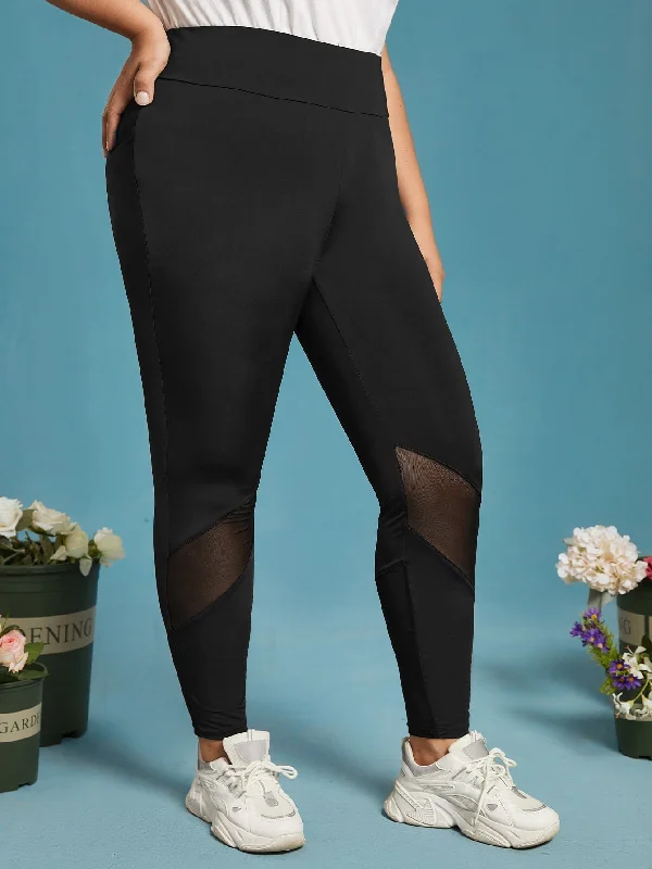 Plain Contrast Mesh Long Plus Size Leggings