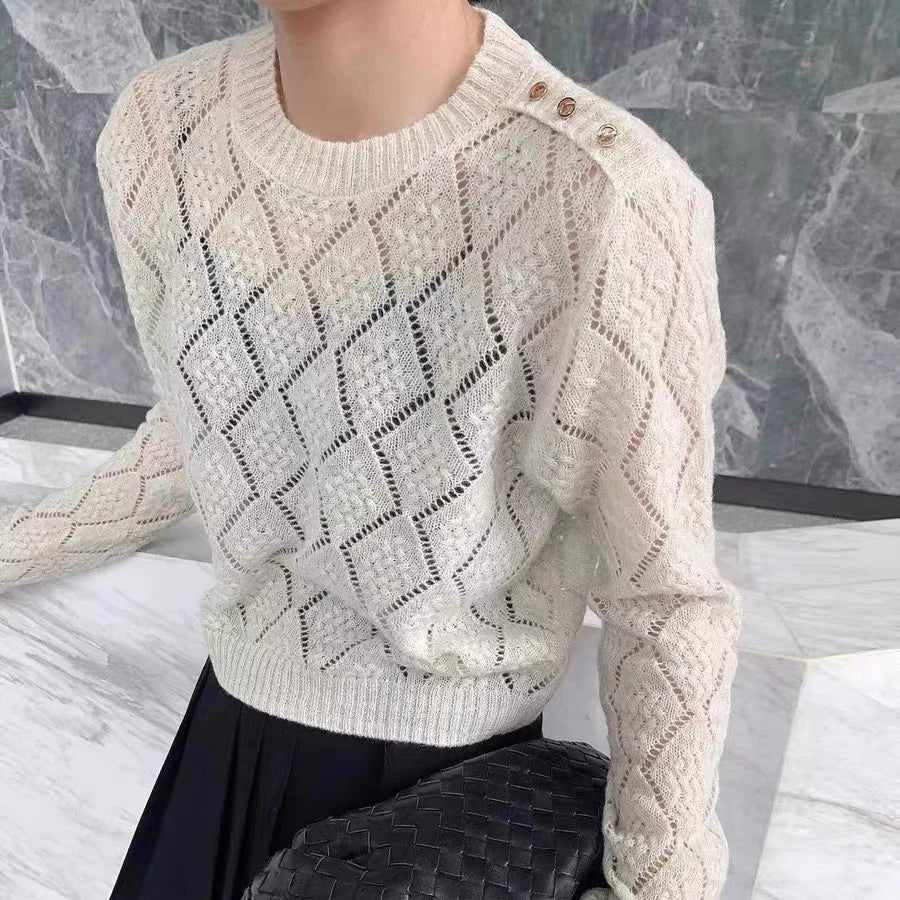 2024 spring Women fashionable long sleeve loose hollow out spring thin sweater jumper