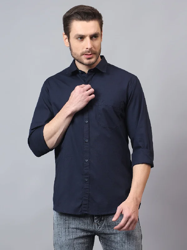 Men's Navy Blue Solid Full Sleeves Casual Shirt