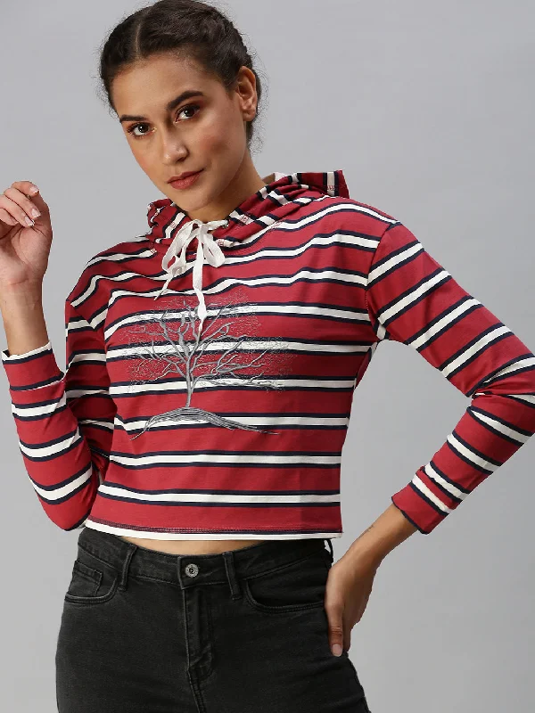 Women's Red Striped Crop Pullover Sweatshirt