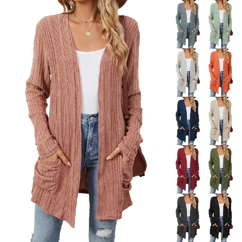 Solid Color Striped Brushed Pocket Cardigan Long Sleeve Sweater Wholesale Womens Clothing N3824072900052