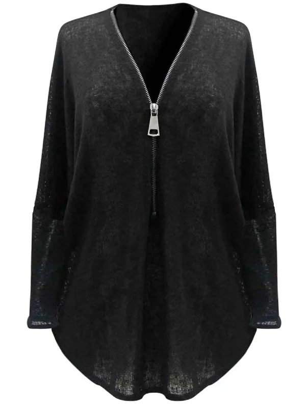 Black Sheer Zip-Up Long Sleeve Sweater Blouse Size Medium