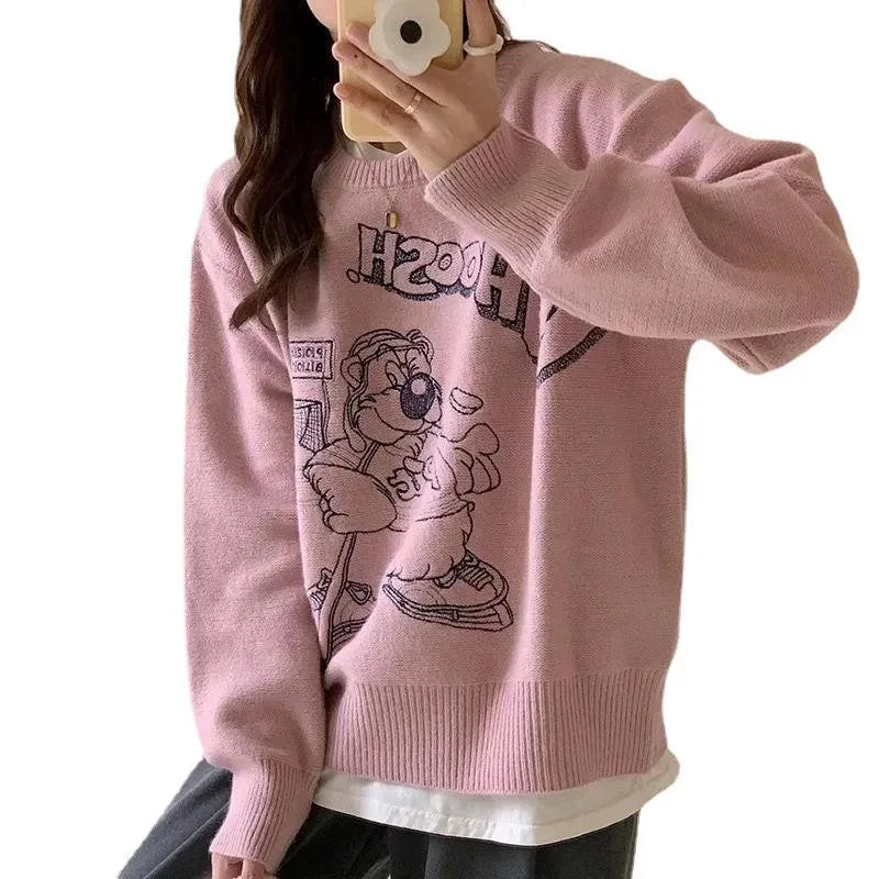 2024 spring and autumn best-selling high quality o collar long sleeve slim cartoon letter jacquard women's knitwear