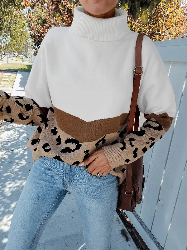 Casual Leopard Long Sleeve High Neck Regular Women Sweater