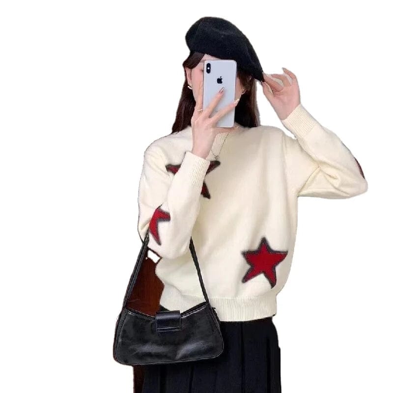 2024 spring high-quality best-selling round neck loose fashion women's solid color five-pointed star jacquard boutique knitwear