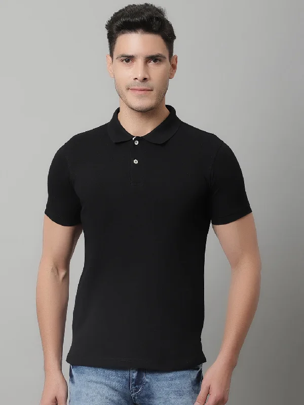 Men's Solid Black Polo Neck Half Sleeves Casual T-Shirt