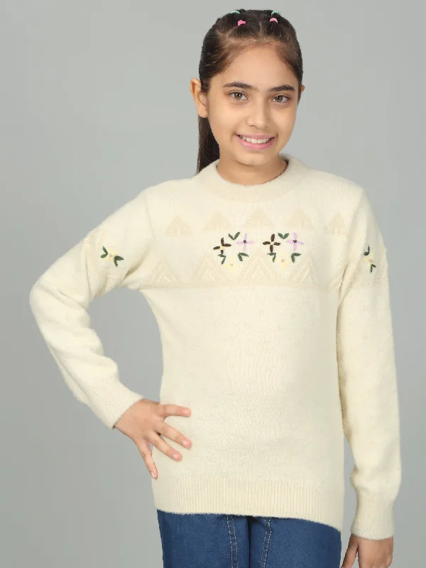 Girls Casual Self Design Off White Full Sleeves Sweater