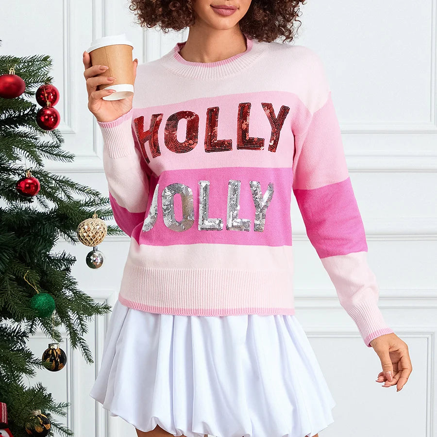 Women's Christmas Knit Sweater Long Sleeve Crewneck Sequins Letter Casual Striped Knitwear